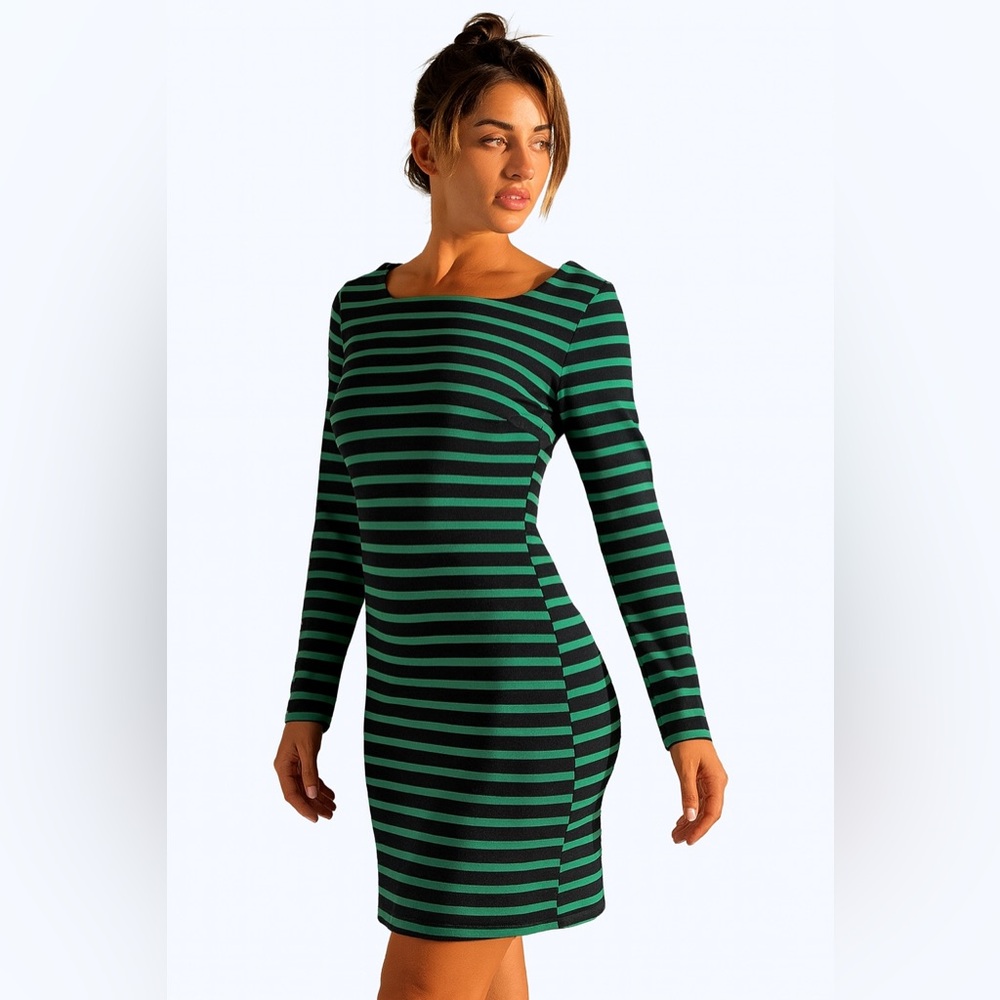 GAP Green and Black Striped Long Sleeve Dress